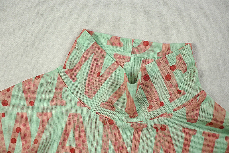 Printed Chic Women's Slim Waist High-Neck Long-Sleeve Sheer Patchwork Long Dress 10