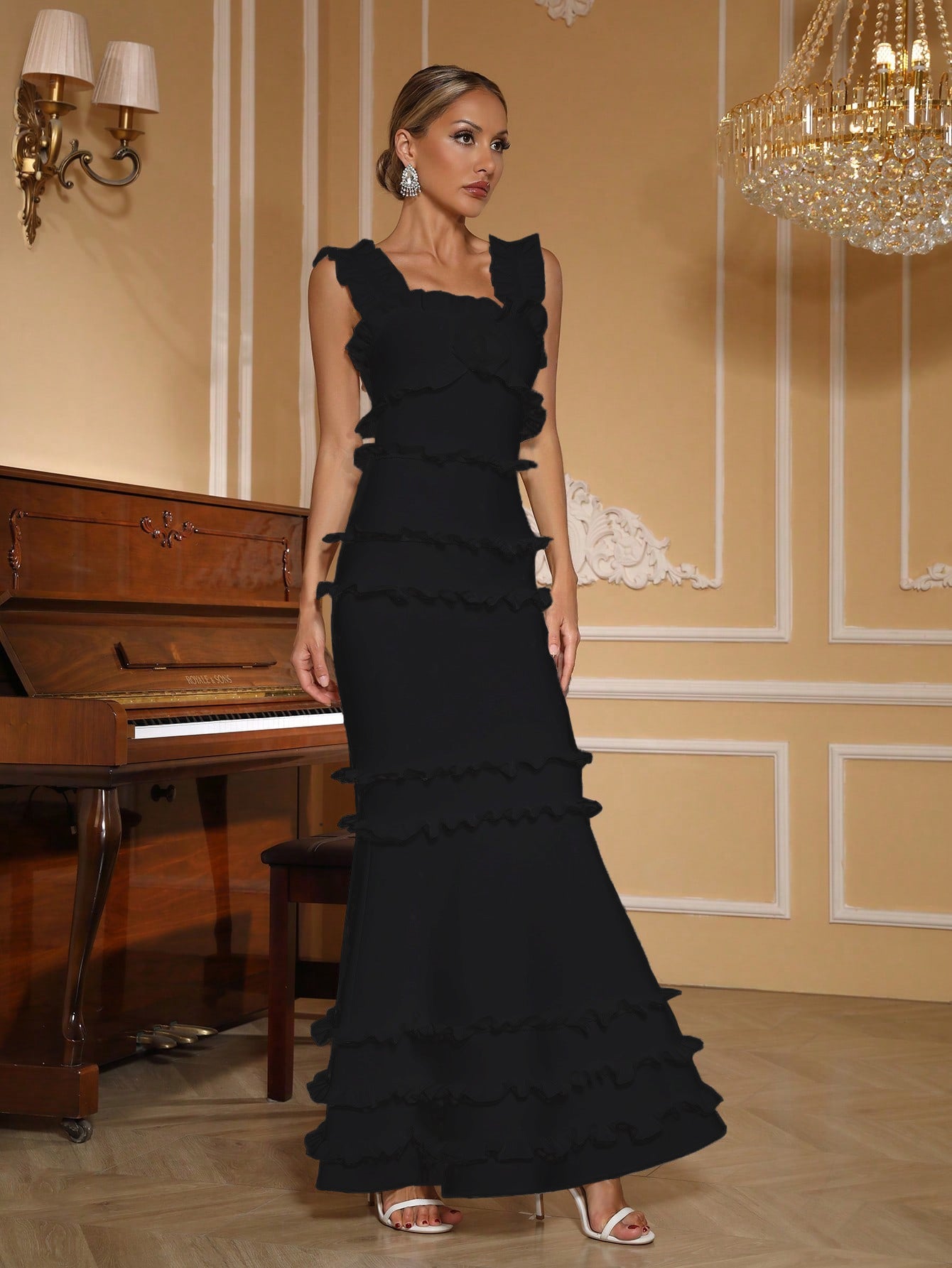 Women ruffled backless square neck bandage fishtail evening dress 4