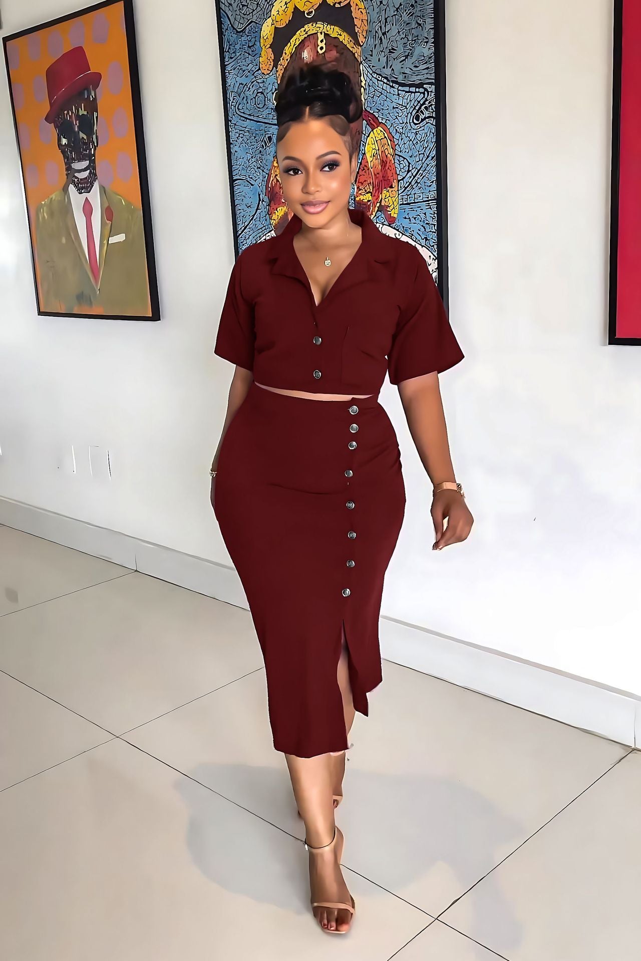 Women Summer Polo Neck Short Sleeve Blazer and Slit Skirt Career Two-Piece Set 6