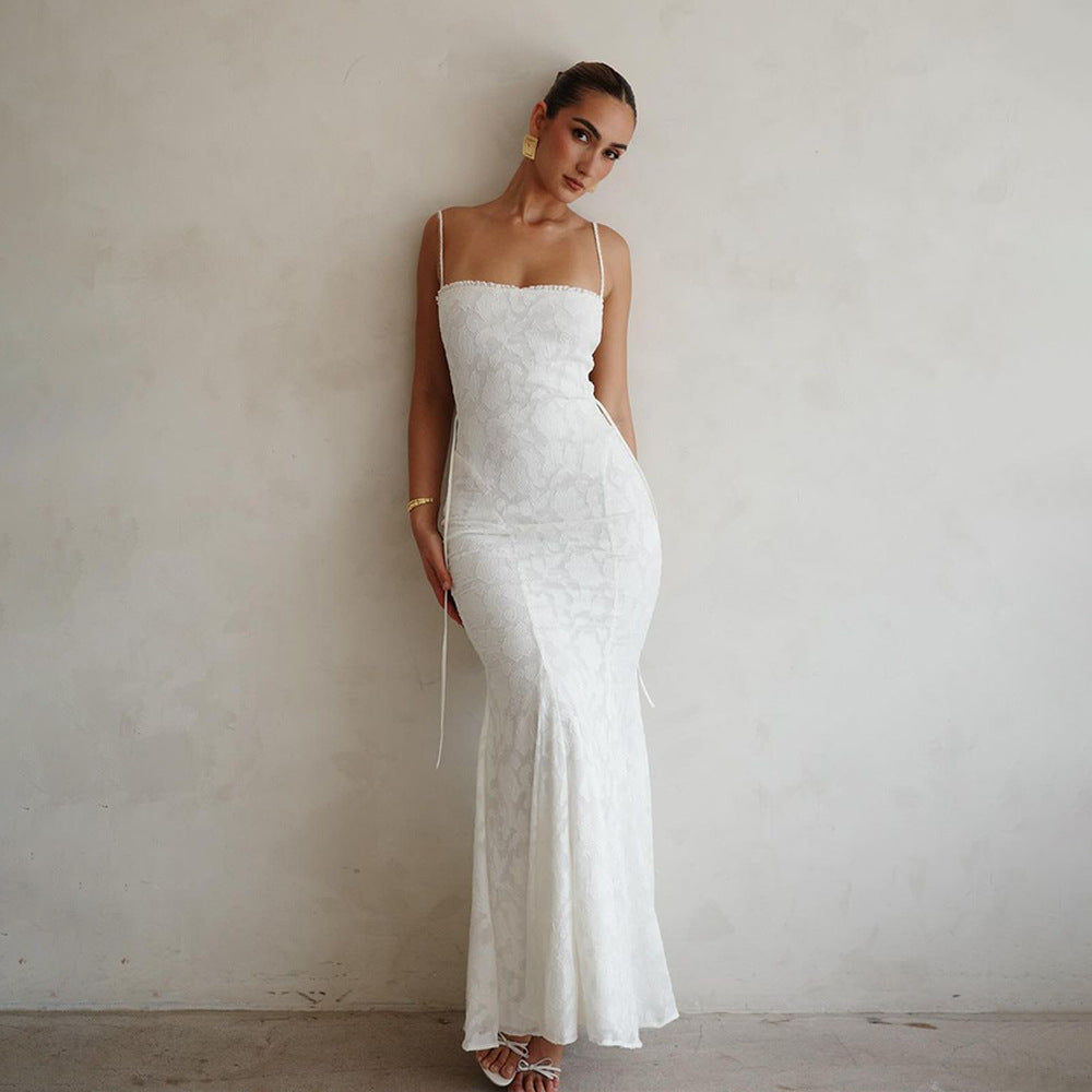 Women Suspender Backless Lace-Up Dress