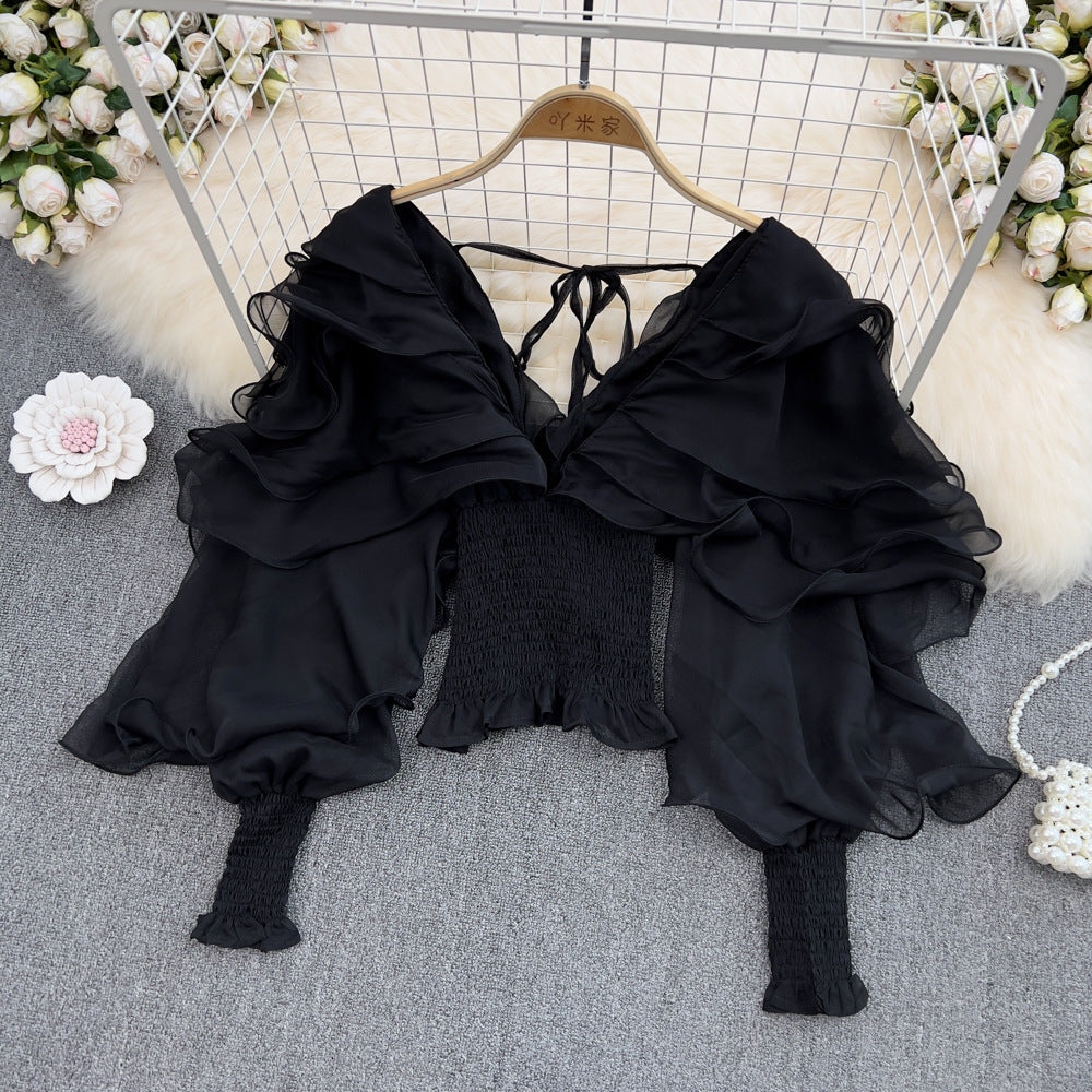 Spring Sexy Deep V-Neck Ruffled Slim Waist Lantern Sleeve Chiffon Shirt 4