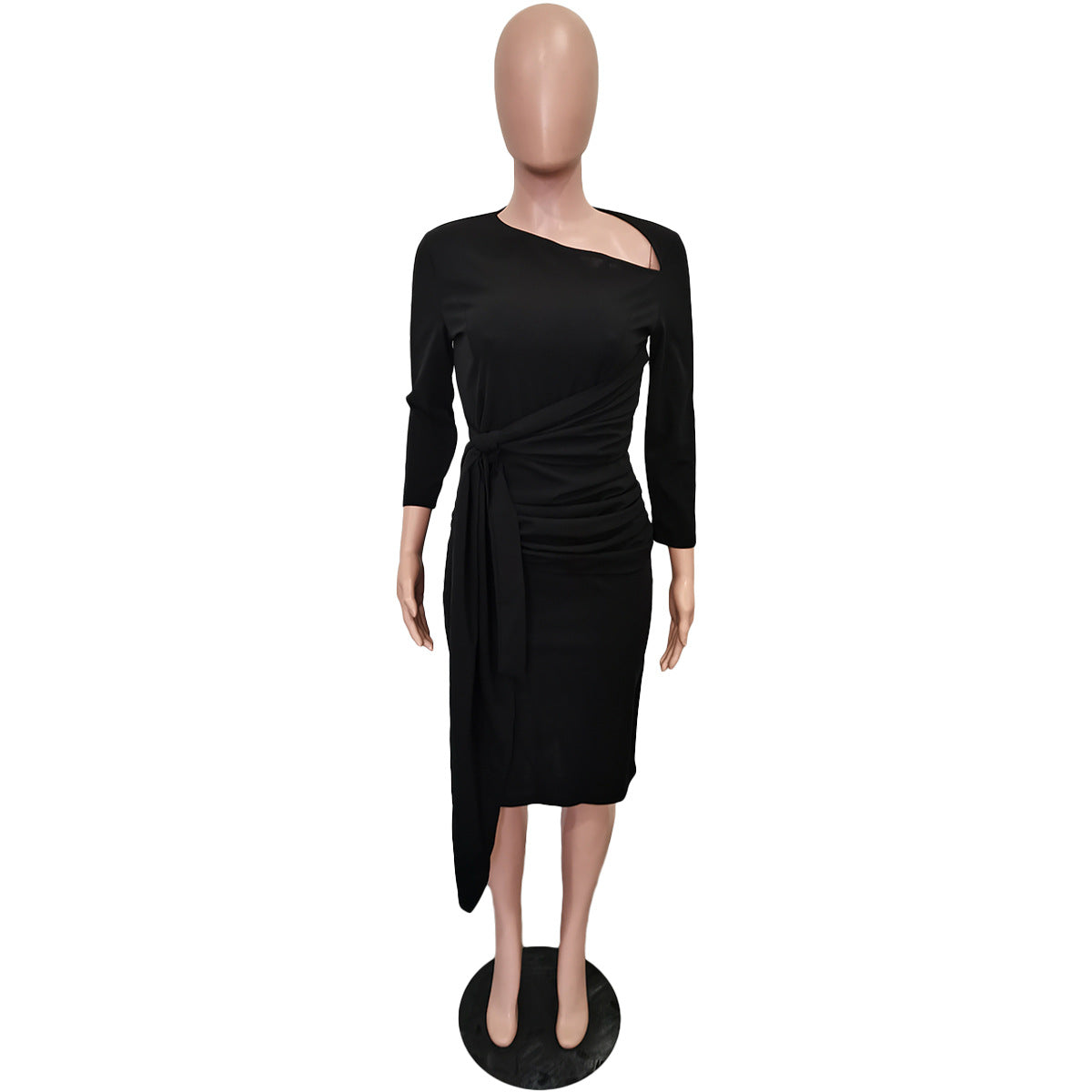 Women Spring Solid Lace-Up Ruched Slash Shoulder Dress 15