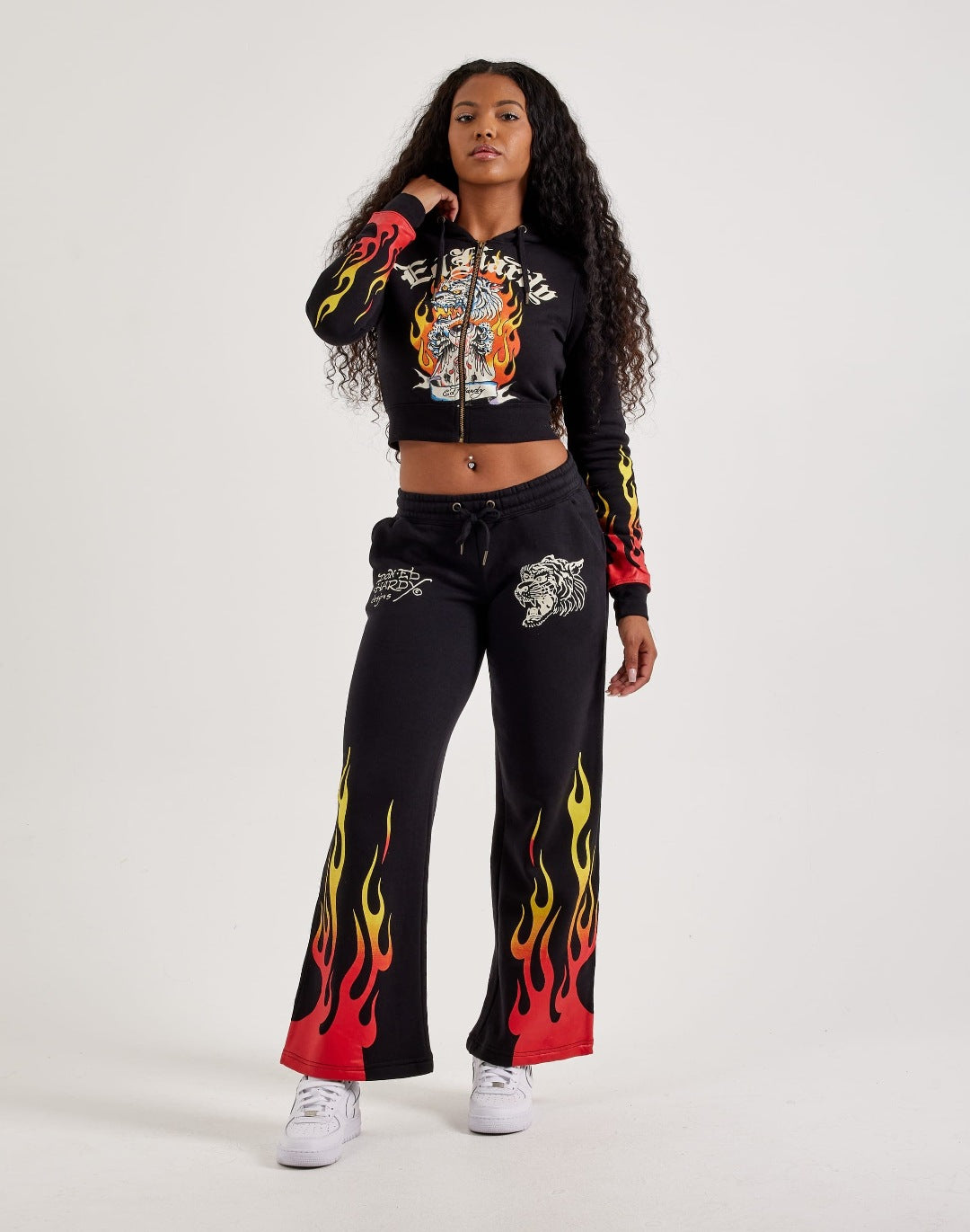 Women Printed Cropped Hoodies and Sweatpants Two-Piece Set
