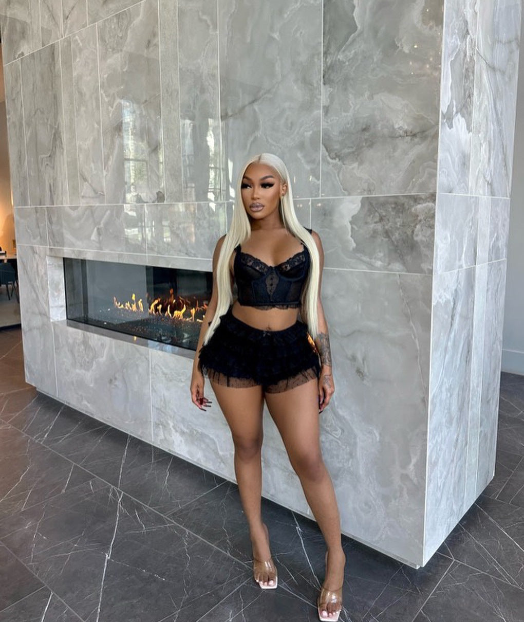 Plus Size Women Summer Sexy Lace Hollow Top and Skir Two-Piece Set 3