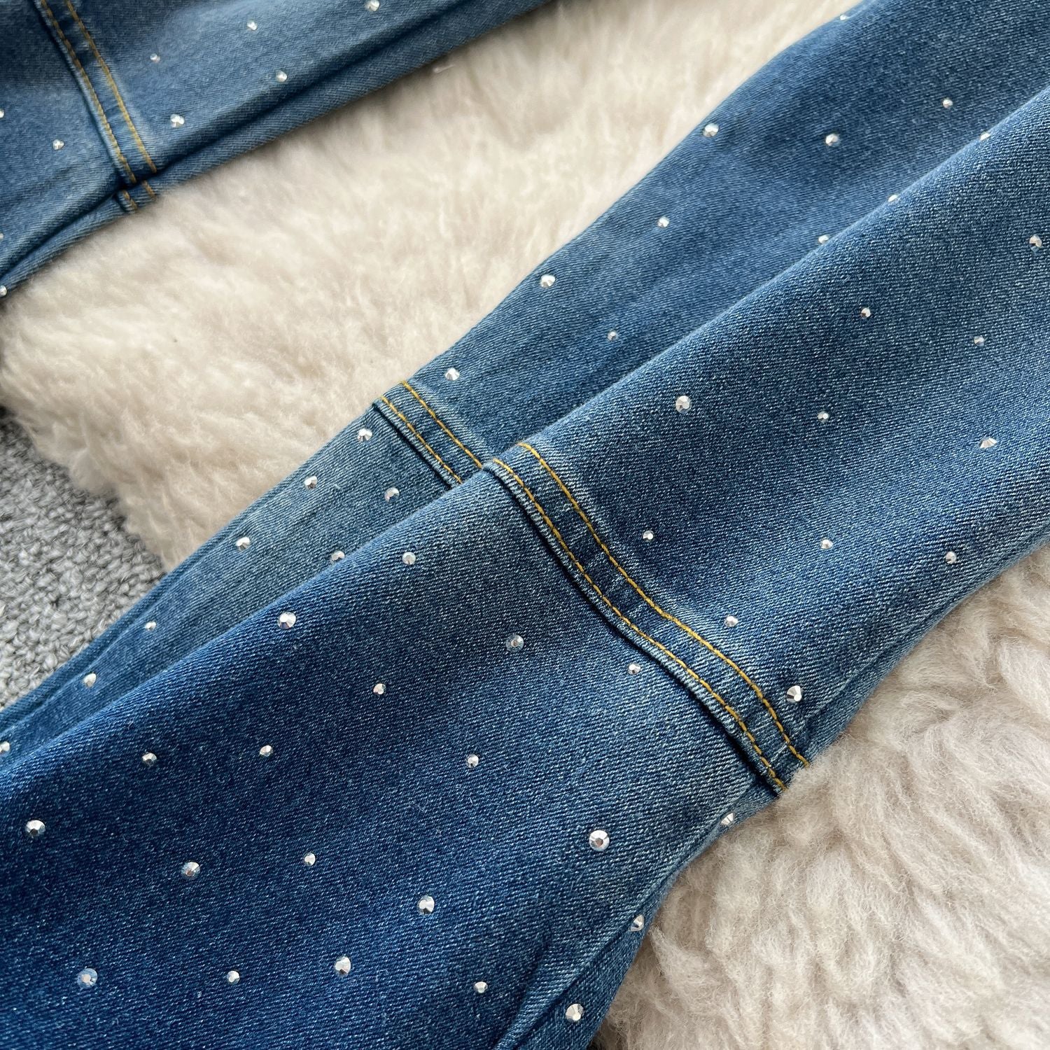 Fashion Beaded Denim summer Strapless Vest High Waist Denim Bell Bottom Trousers Two Piece Set for Women 16