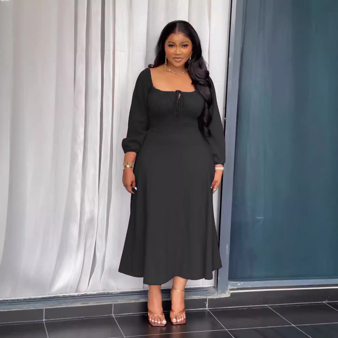 Sexy drawstring square neck Slim Waist A-line long dress 5