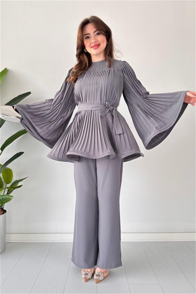 Women's Fashion Casual Belt Pleated Loose Top Wide Leg Pants Two Piece Set 10
