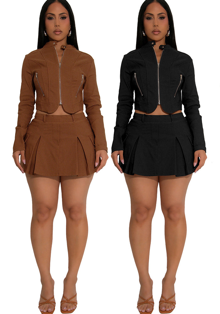 Women's Long Sleeve Zipper Top Sexy Short Skirt Two-Piece Set