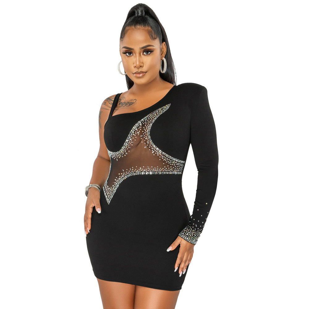 One Shoulder Long Sleeve See-Through Mesh Patchwork Beaded Bodycon Dress 5