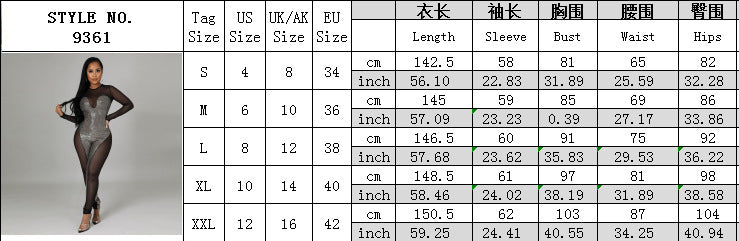 Women's Sexy See-Through Slim Sequined Mesh Long Sleeve Jumpsuit 8