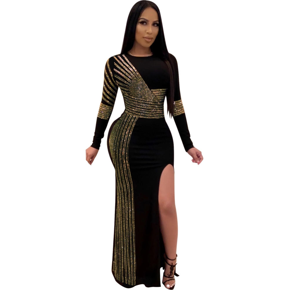 Black and Gold Sequins Slit Evening Dress with Sleeves 4