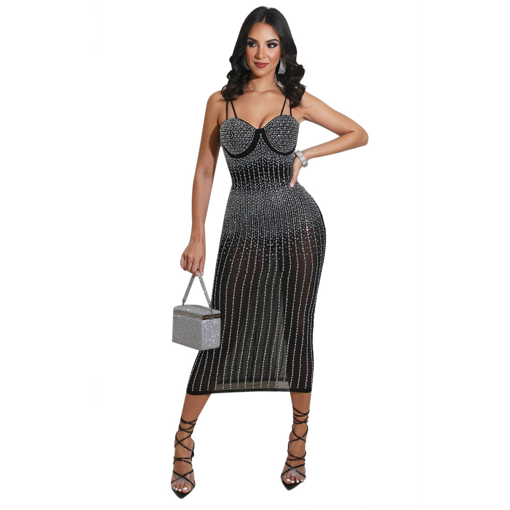 Summer Party Sexy Beaded Push Up Strap Midi Dress 4