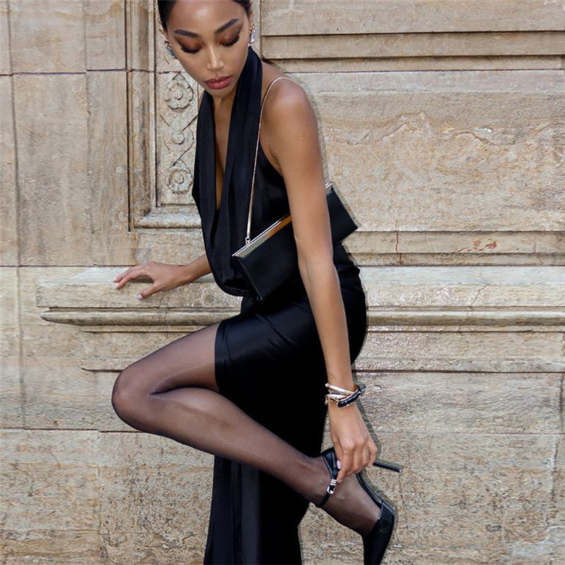 Spring Sexy Deep V Low Back Slit Solid Color Long Dress 4