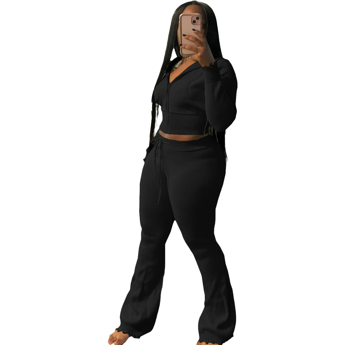 Autumn And Winter Women's Zipper Hooded Sweater Knitting Pants Fashion Casual Sports Two Piece Set 8