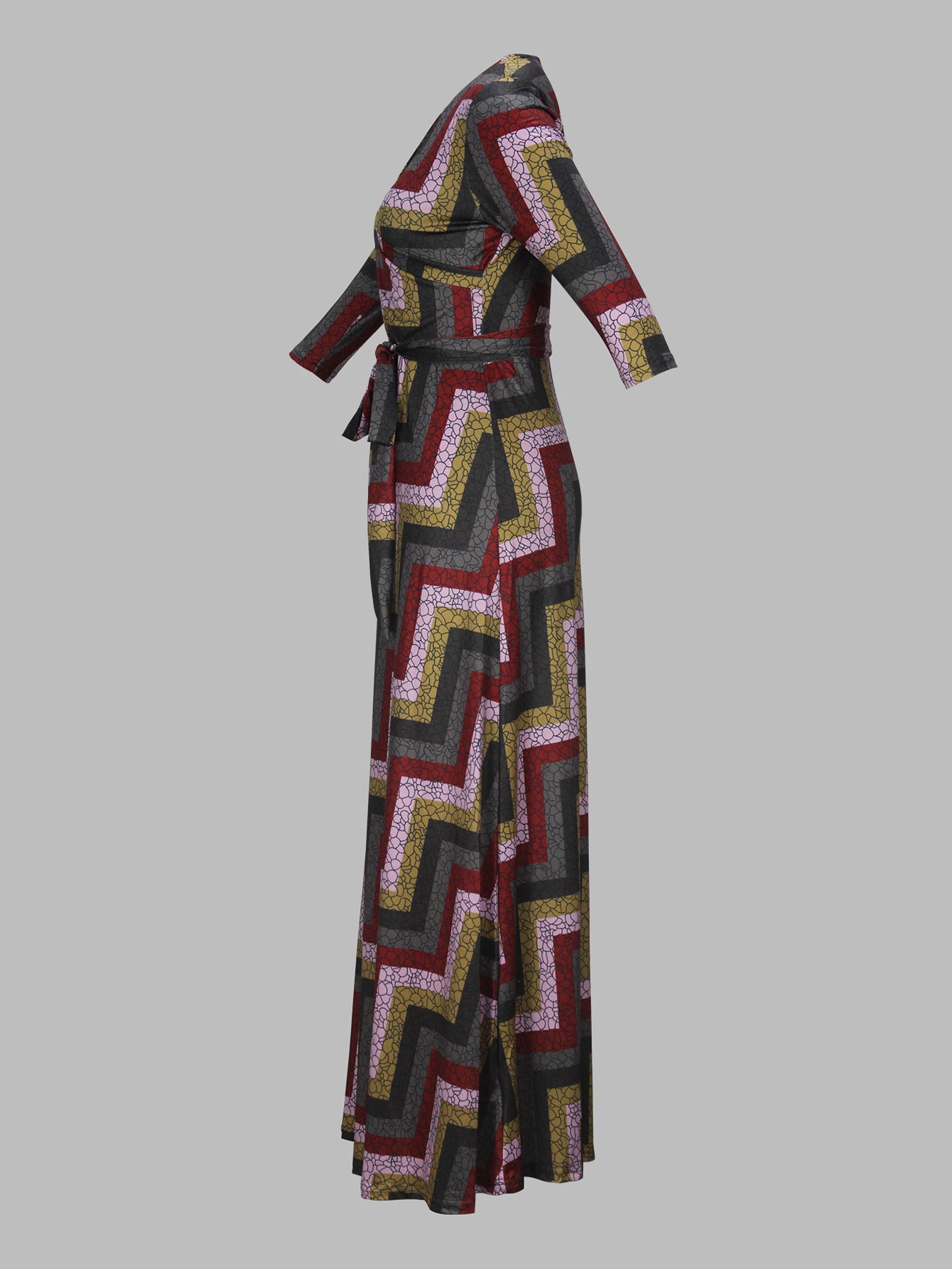 Spring & Autumn Women's Fashion Elegant Wrap V-Neck Half-Sleeve Print Belt Maxi Dress 69