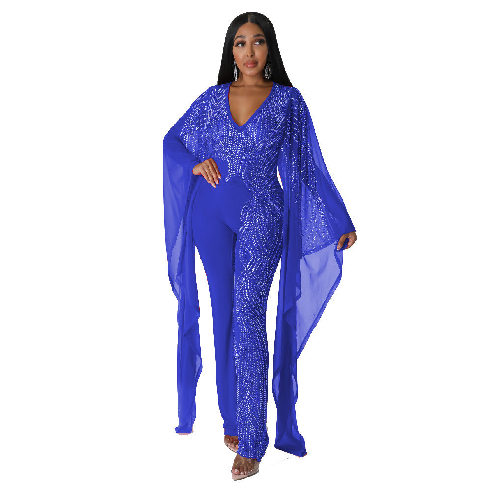 Fashion V-Neck Bat Sleeves See-Through Beaded Sexy Nightclub Party Jumpsuit 10