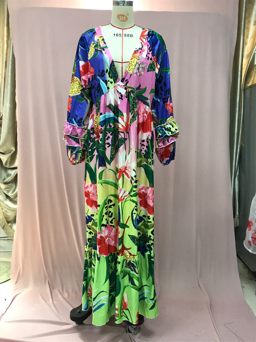 Women summer printed gradient ruffled v-neck sexy Maxi dress 12