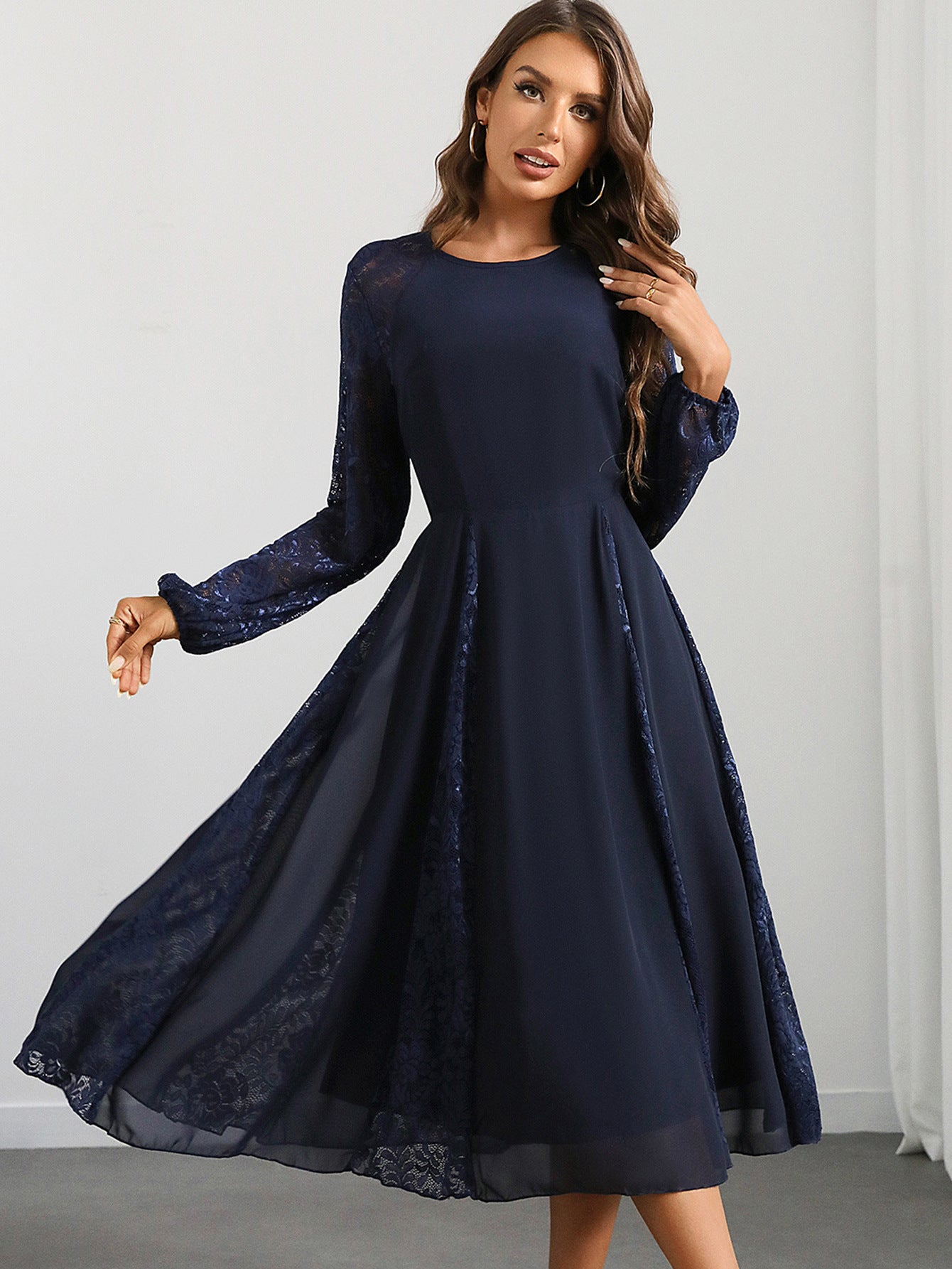 Women Sexy Long Sleeve Chiffon Patchwork Lace Evening Dress 3