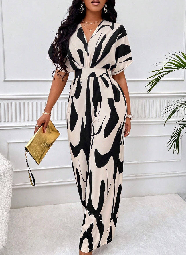 Women Print Bat Sleeves Wide Leg Jumpsuit 9
