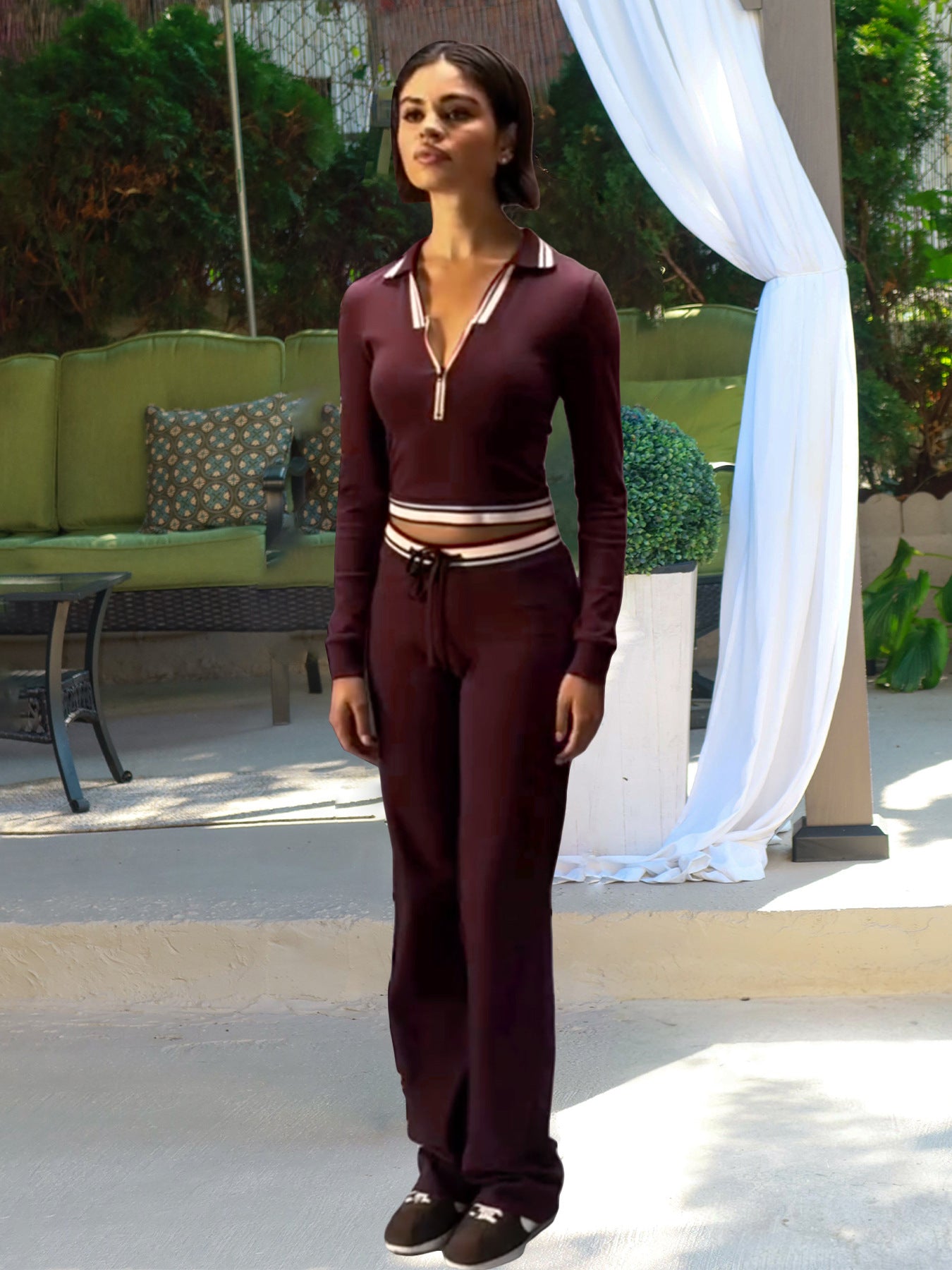 Women Turndown Collar Half-Zip Top and Drawstring Wide-Leg Pants Casual Athletic Two-Piece Set 33