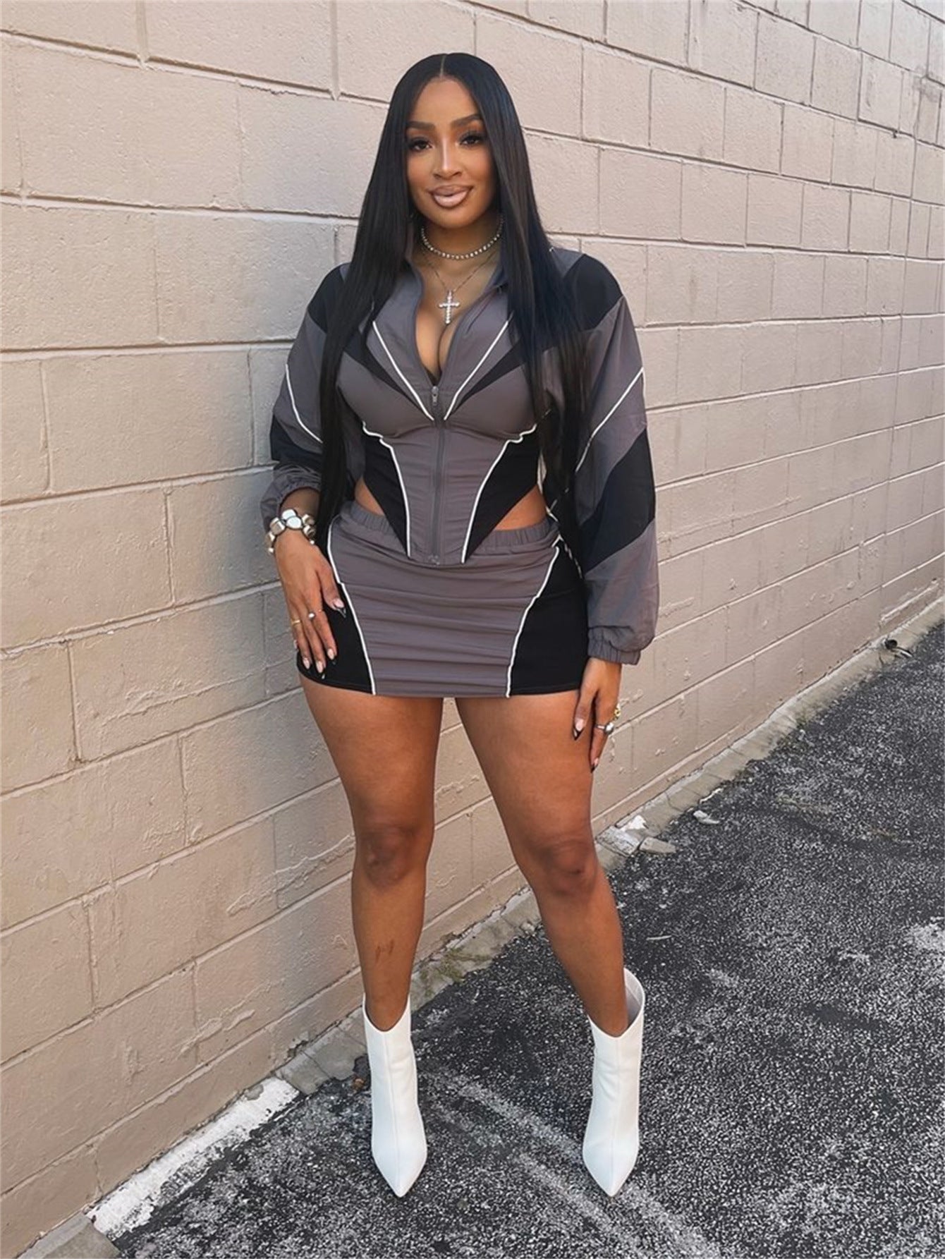 Autumn Sexy Sports Style Loose Casual Contrast Color Long Sleeve Jacket Short Skirt Women Two Piece Set 11