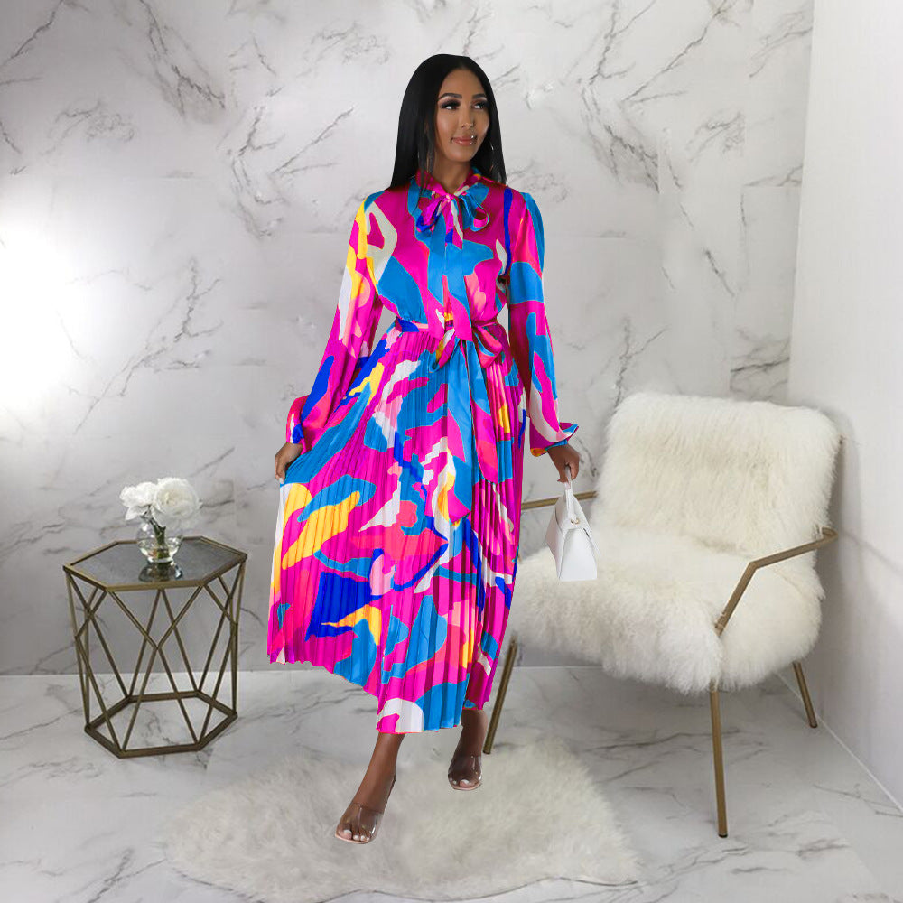 Women's Tie Long Sleeve Printed Pleated Dress 27