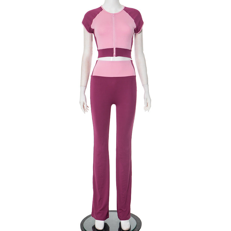 Women Spring/Summer Contrast Drop Shoulder Round Neck Zipper Top and Bell Bottom Pants Two Piece Set 6