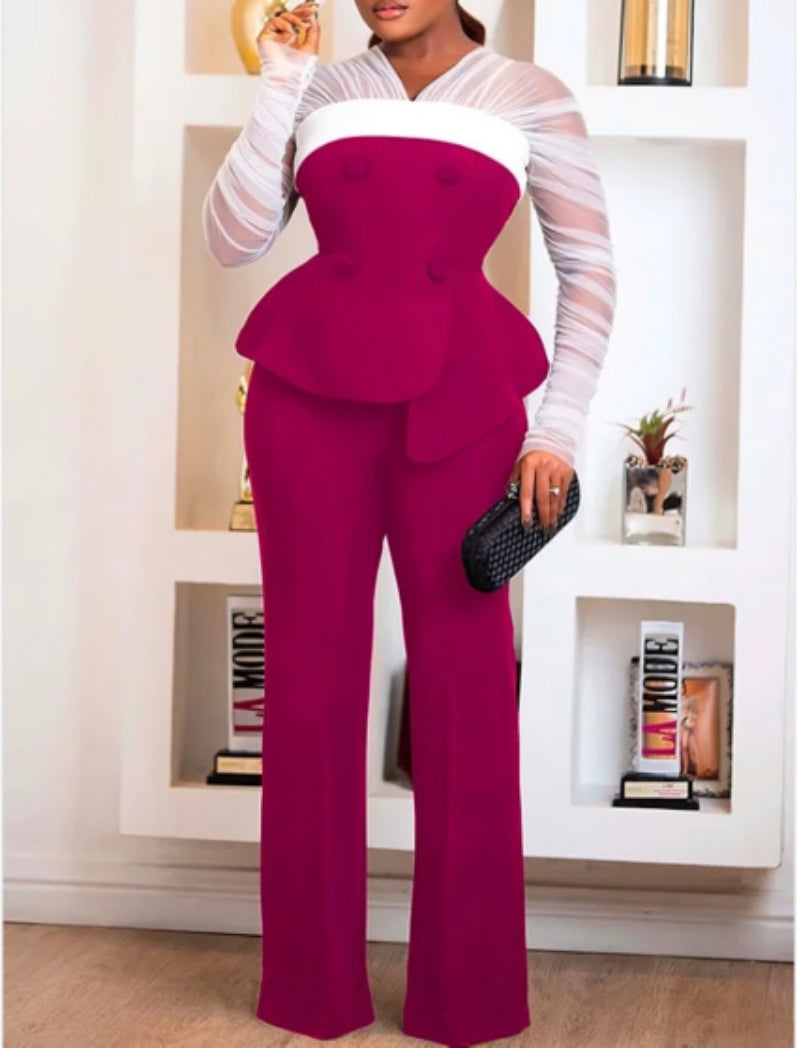 Women's See-Through Long Sleeve Slim Waist Jacket Casual Wide Leg Pants Fashion Suit 3