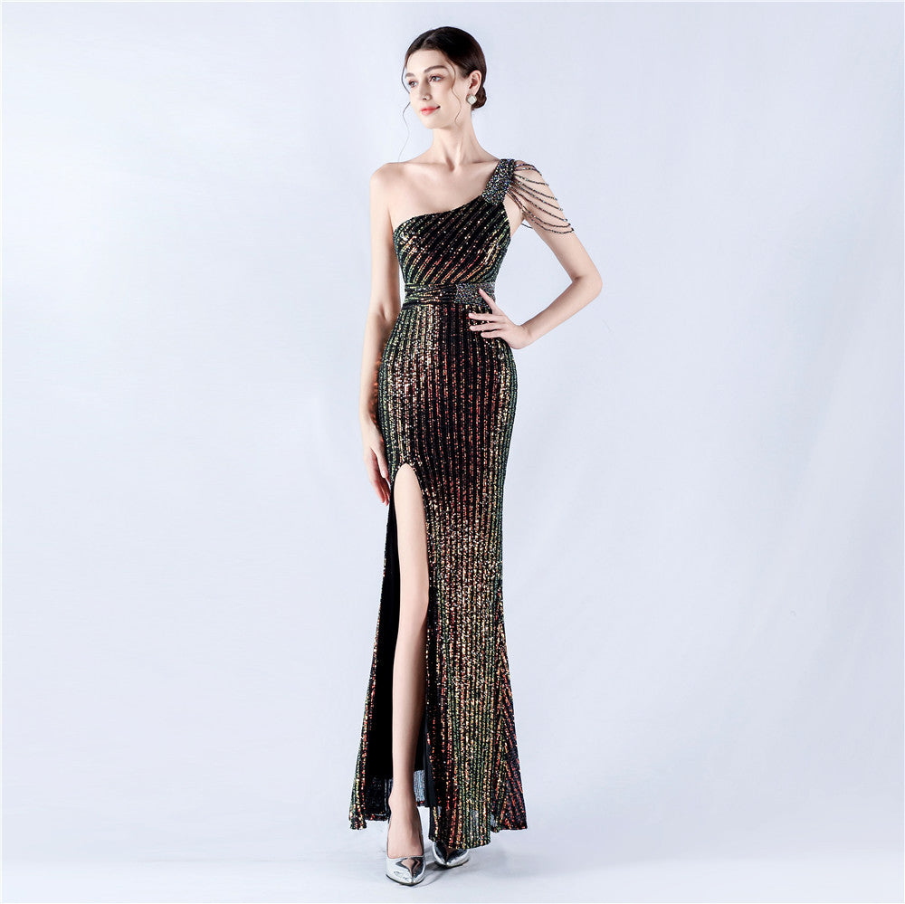 Women Beaded One Shoulder Slash Shoulder Split sequined evening dress 13