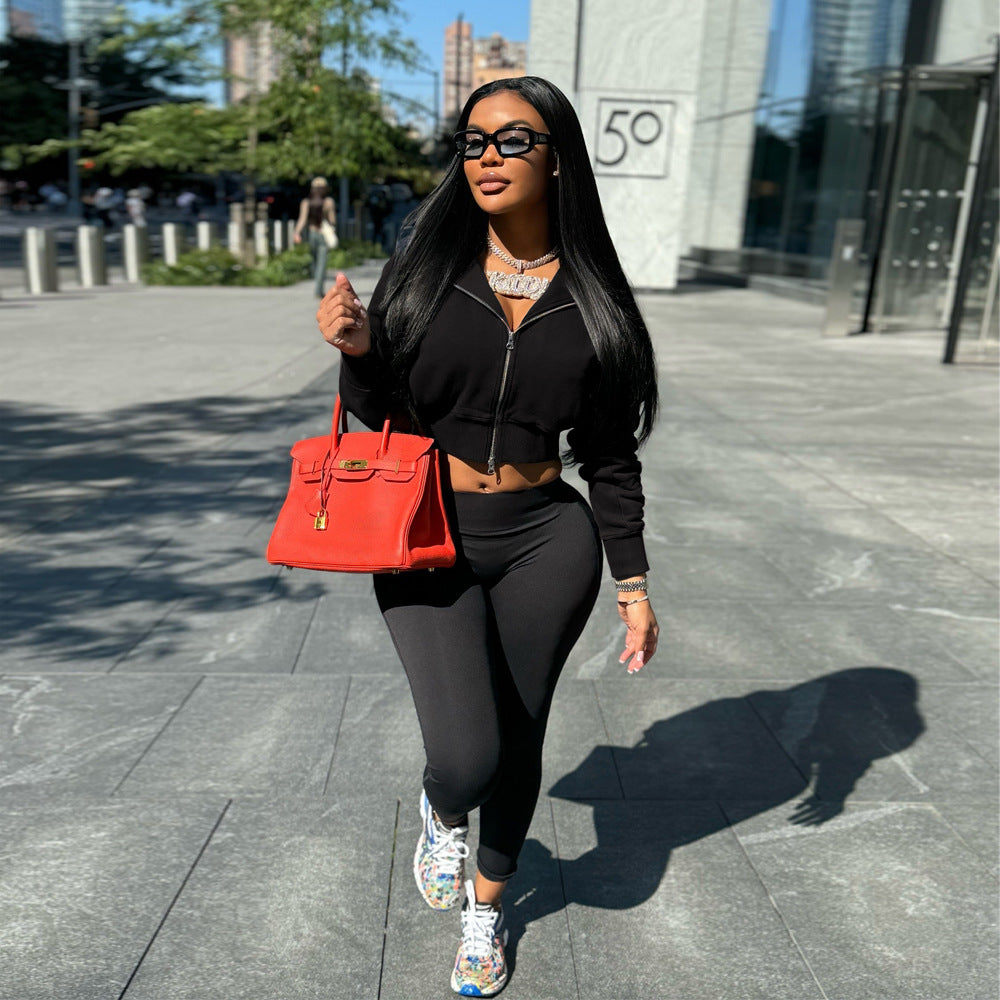 Women casual Rib Patchwork hooded zipper jacket 3