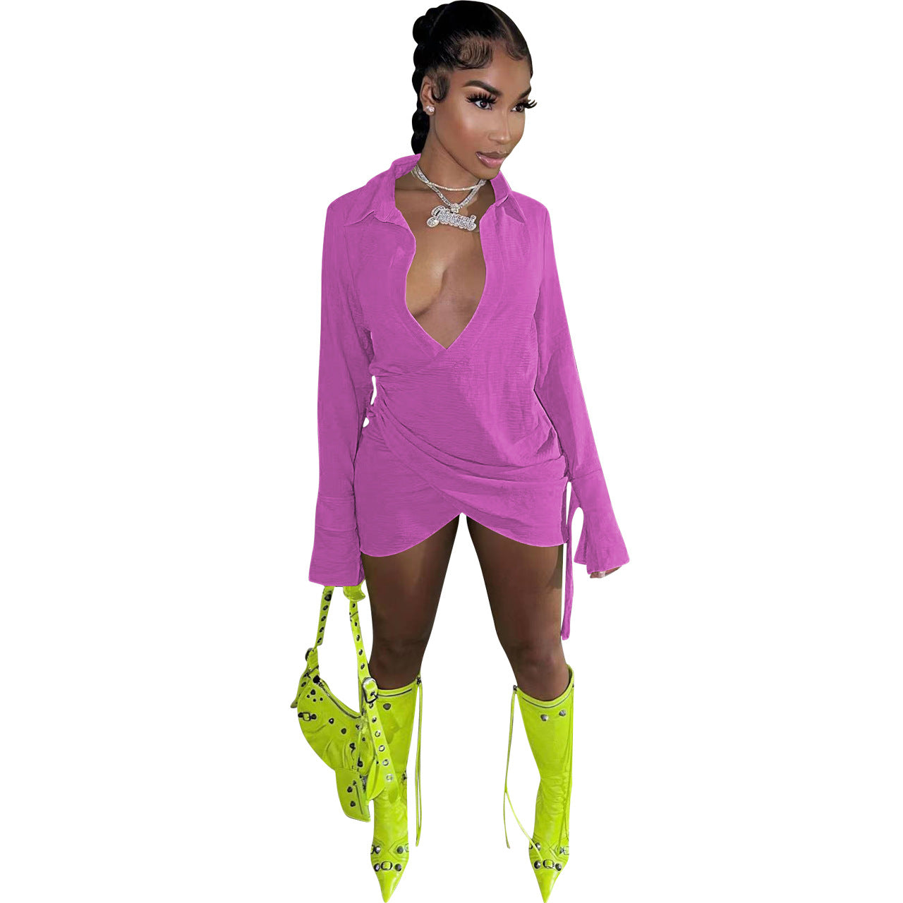 Ladies Fashion Cross Solid Shirt Dress