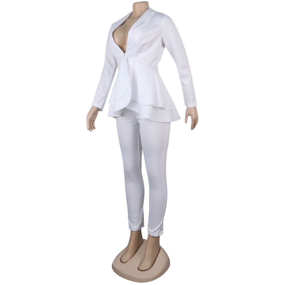 Sexy Women's Solid Color V-Neck Two-Piece Pants Set 20