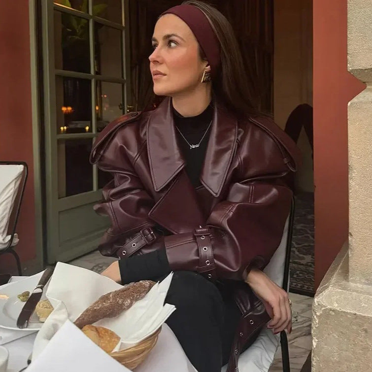 Women's Retro Turndown Collar Leather Jacket 6