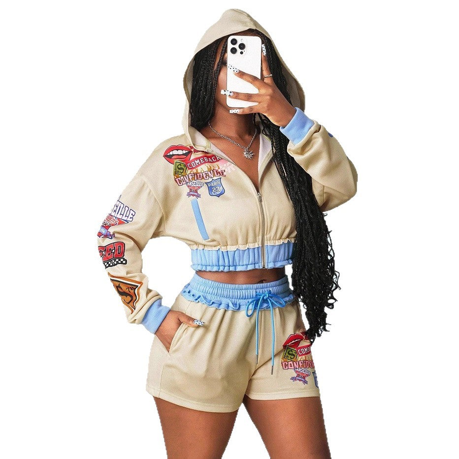 Women Contrast Sport Elegant Zippered Long-Sleeved Top and Shorts Two-Piece Set 6