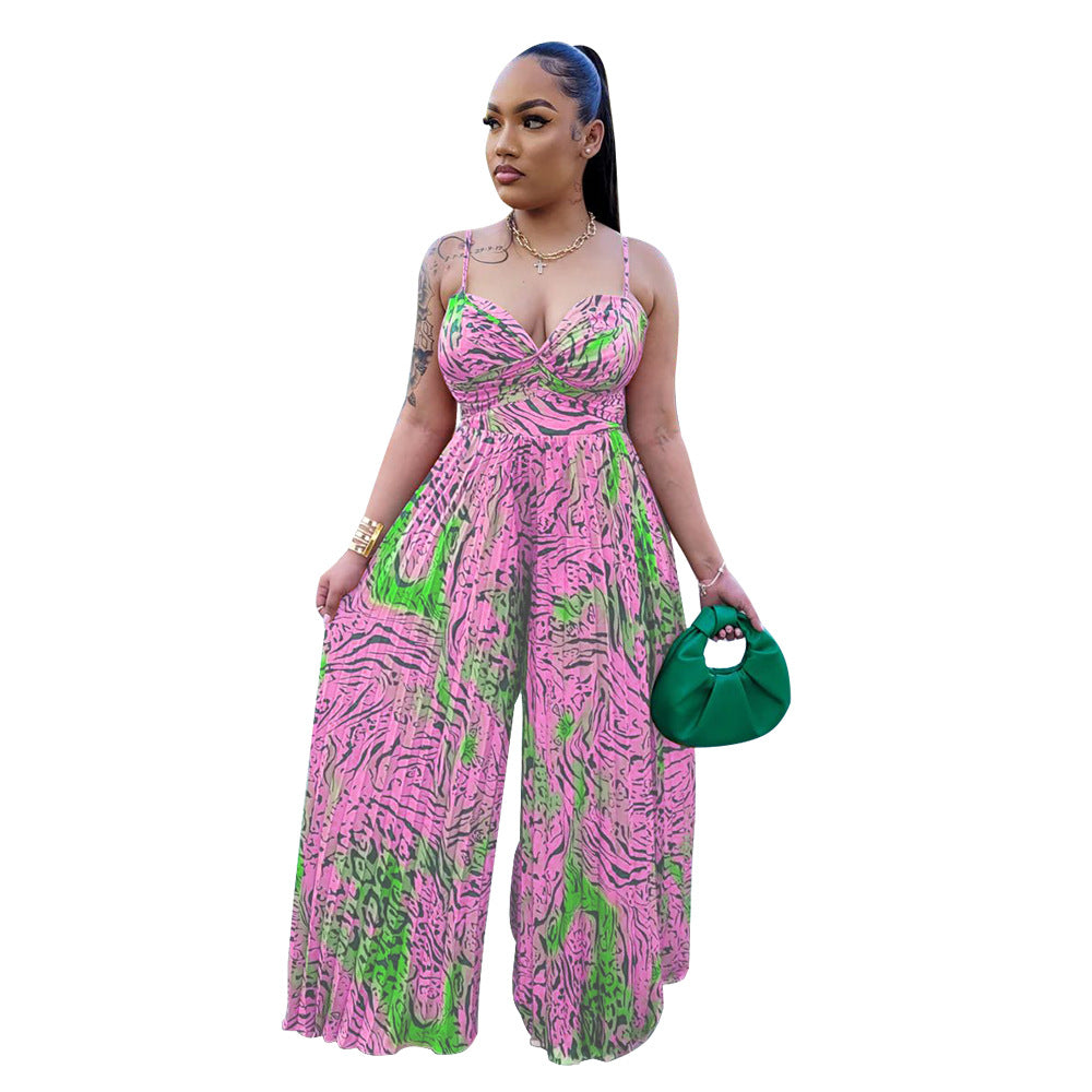 Ladies Fashion Printed Strap Pleated Jumpsuit 13