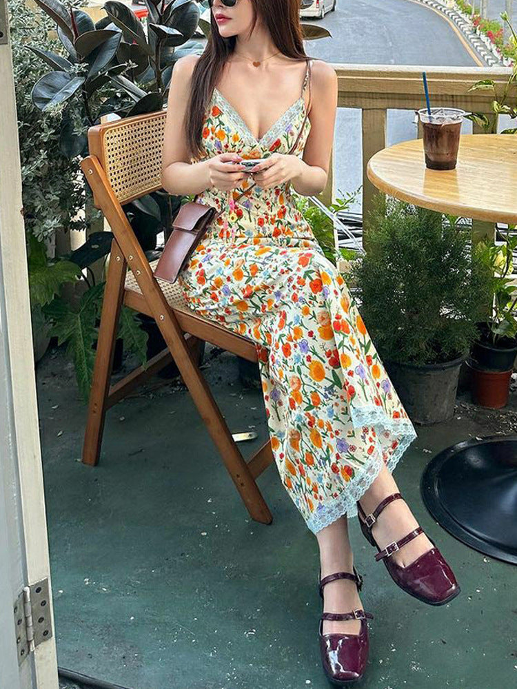 Floral Strap Sexy Low Back Slim Long Dress 5