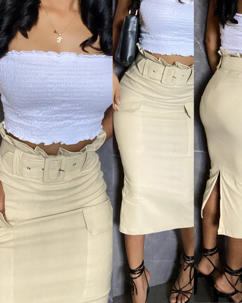 Women's Solid Color High-waist Belt Casual Cargo Long Skirt 6