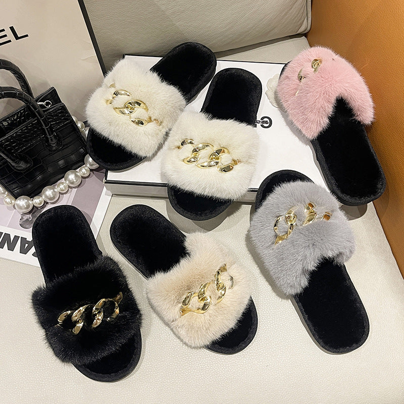 Autumn and winter metal chain plush slippers women's fashion warm large fur flat slippers 8