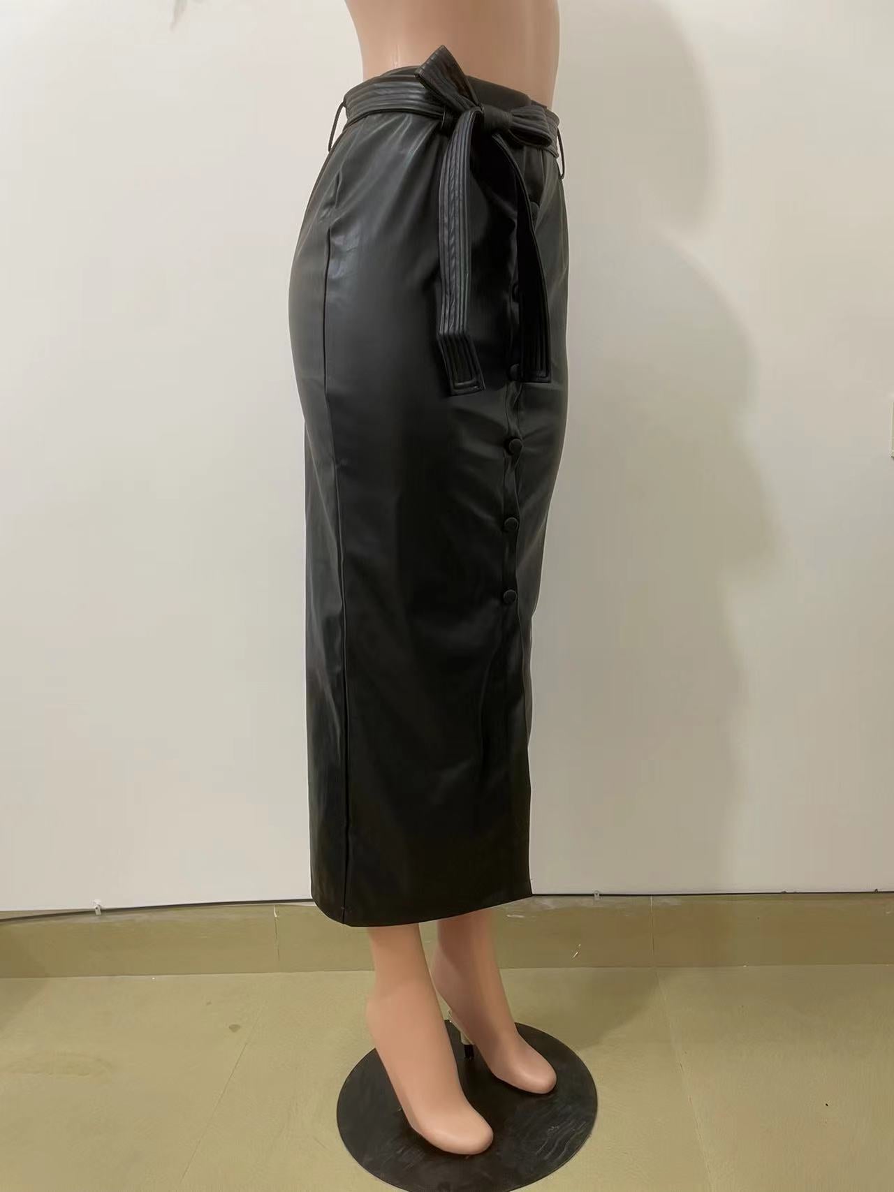 Autumn And Winter Mid-Length Black Pu Buckle Slit  Casual Leather Skirt With Belt 12