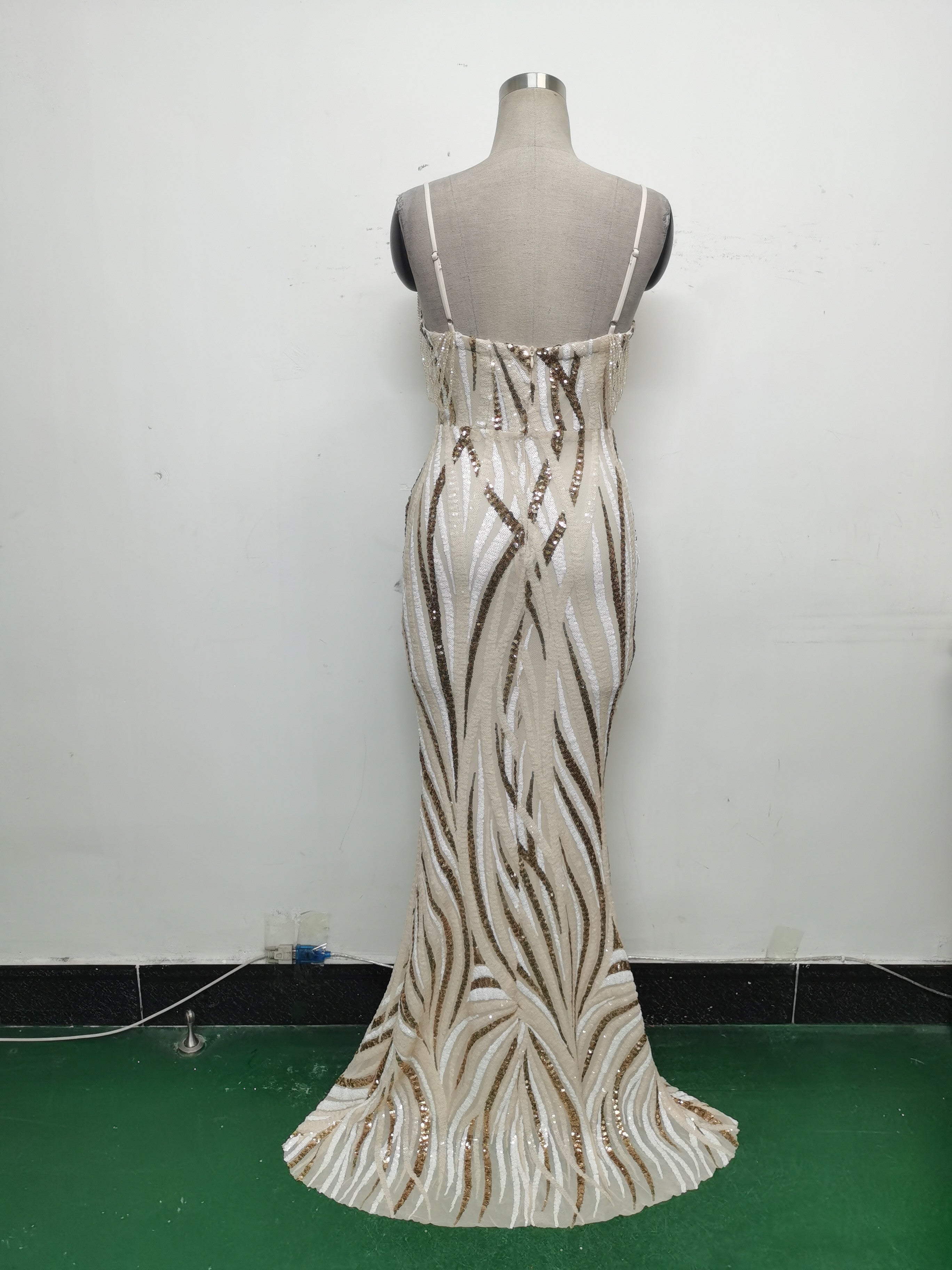 Women sequined striped color matching maxi evening dress 18