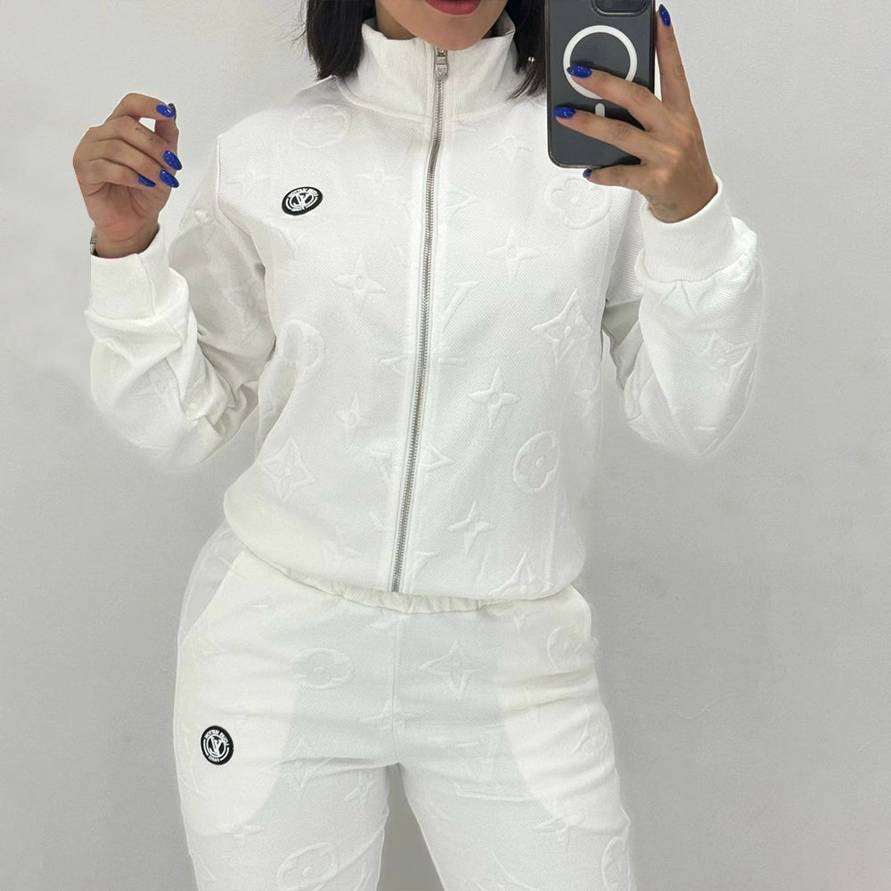 Women Embossed Embroidered Sport Ribbed Zipper Top and Pant Two Piece 12