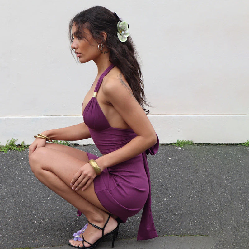 Women sexy metal v-neck Halter Neck lace tank top and belt Skirt two-piece suit 5