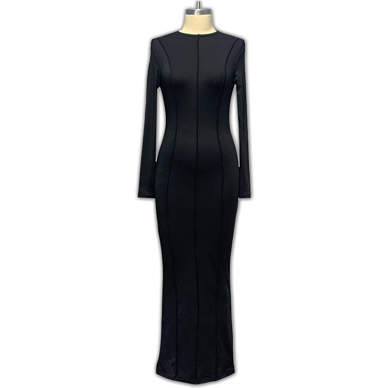 Autumn Women Half Turtle Neck Ribbed Long Sleeve Slim Fit Slim Waist Long Dress 12
