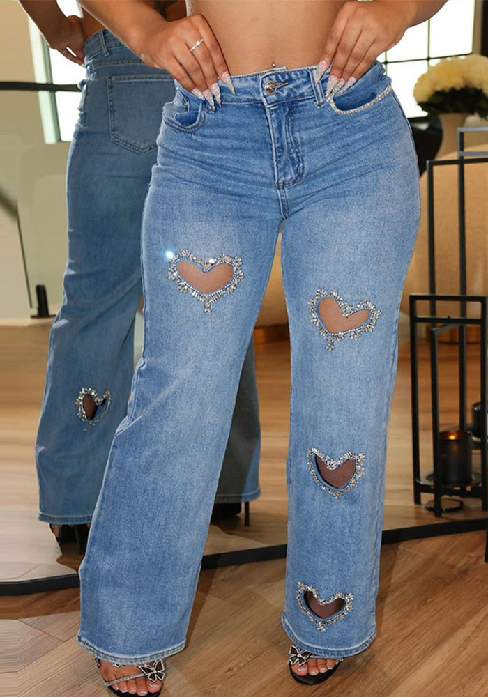 Women summer Style hollow Beaded washed Denim trousers