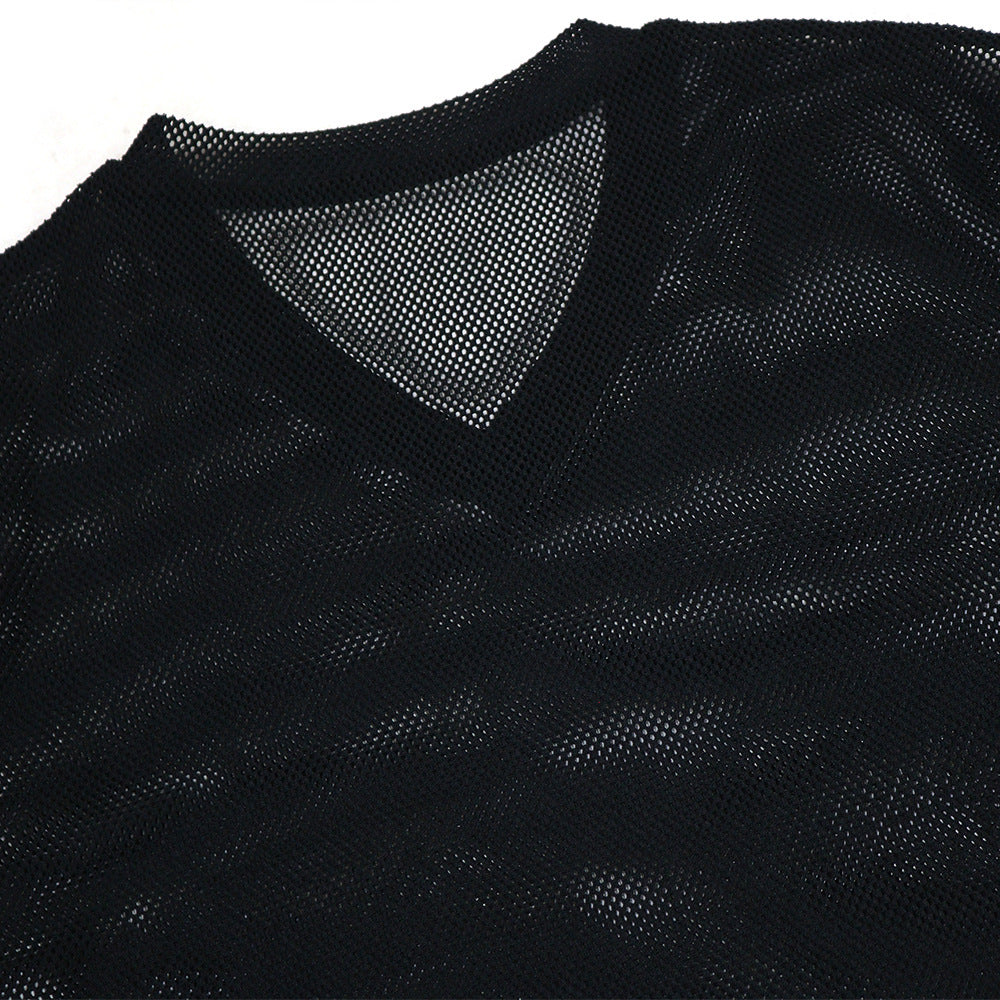 Women See-Through Round Neck Sexy Slit Beaded Top 21