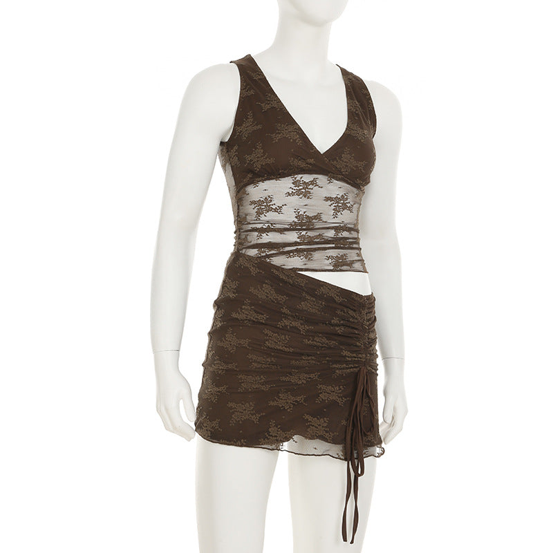 Summer Lace Patchwork See-Through Hollow Pleated Sleeveless Bodycon Dress 8