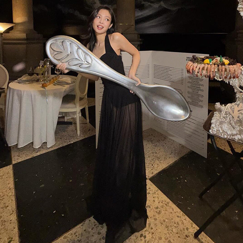 Women Spring Summer Sexy Mesh Patchwork Sleeveless Halter Neck Dress 5