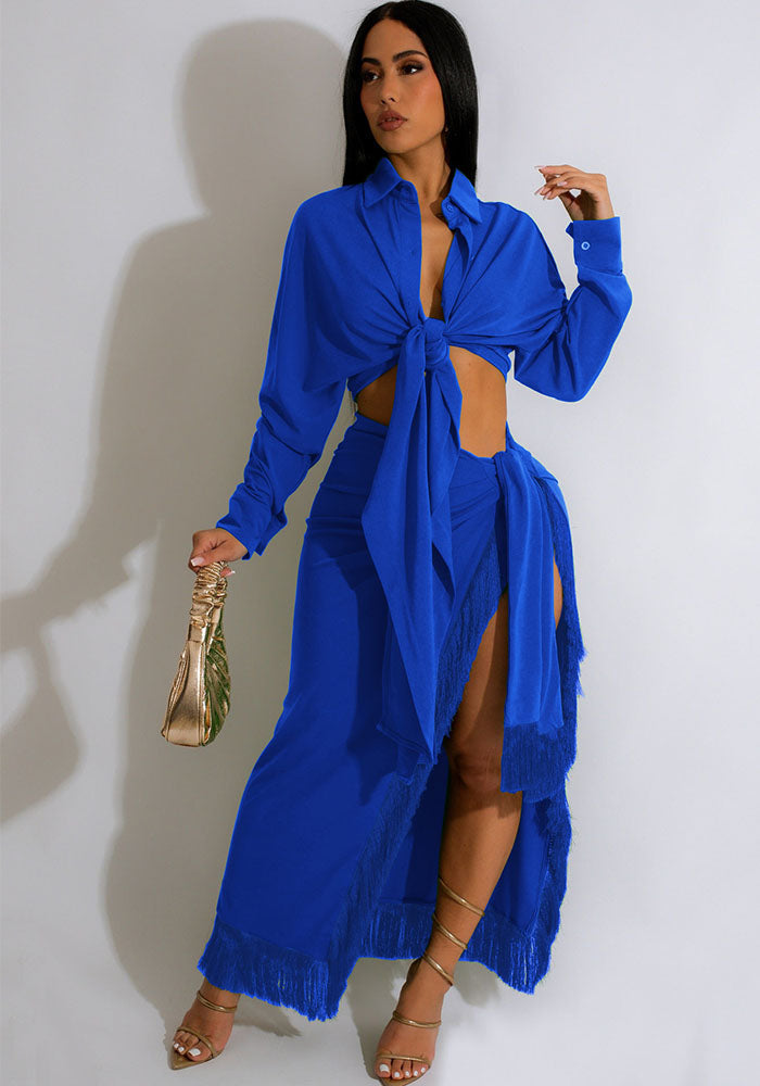 Women's Two-Piece Fringed Slit Skirt Set