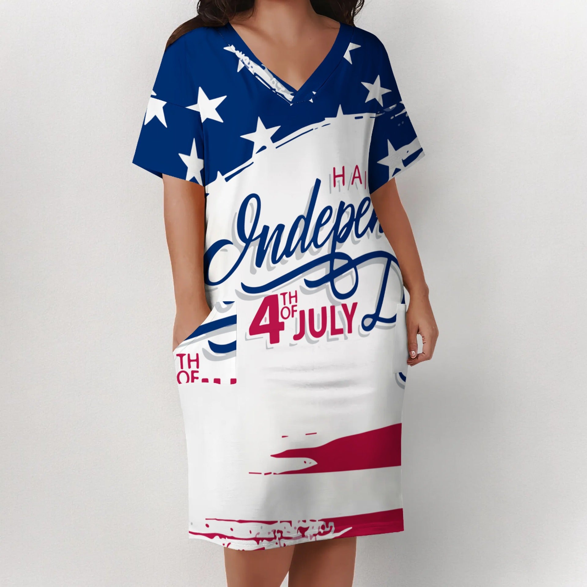 Plus Size Women American Flag V-Neck Pocket Loose Dress 8