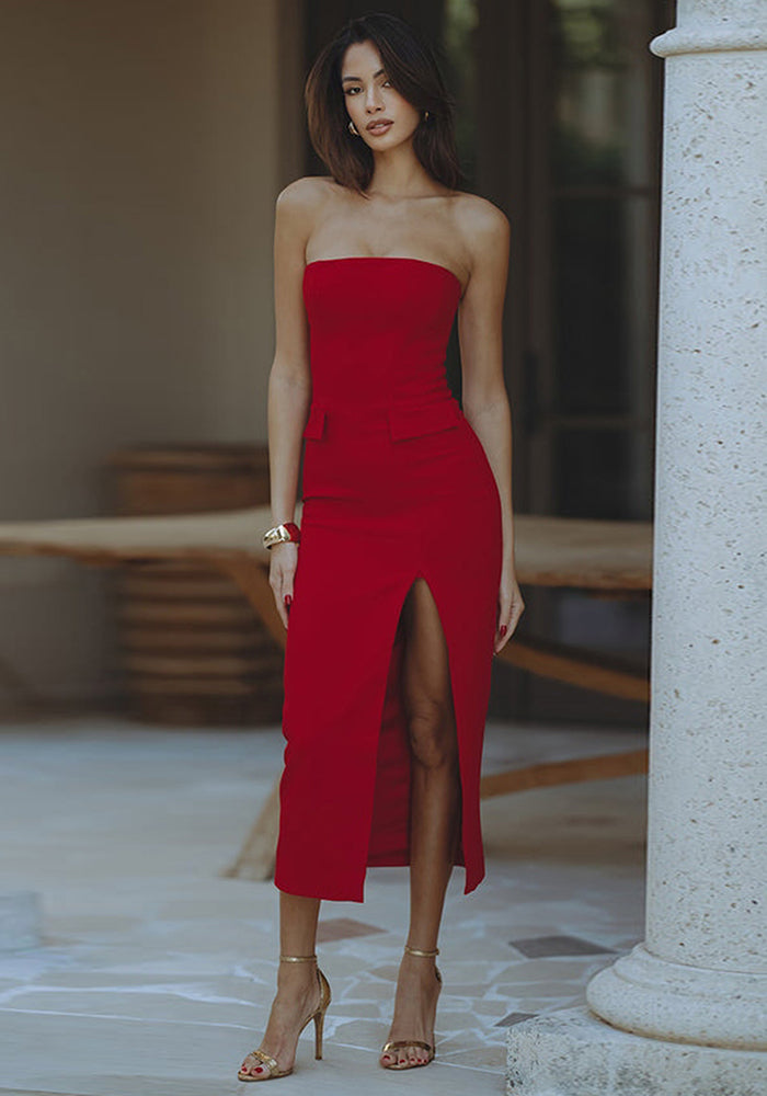 Solid Color pocket sleeveless sexy strapless slim fit high waist A-line Dress